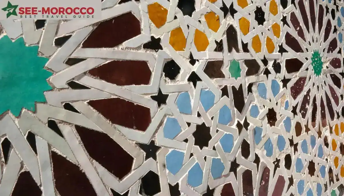 Moroccan zellige tiles — close-up geometric Islamic pattern in turquoise brown ochre and white