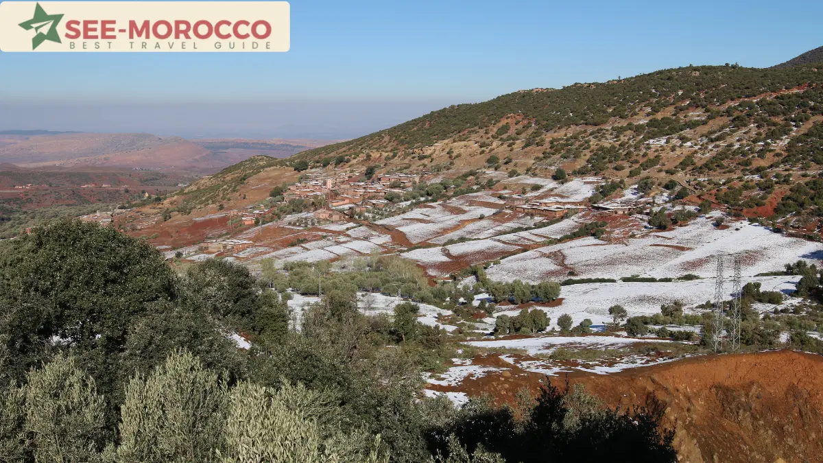 Traditional Amazigh village with light snow in the High Atlas Mountains Morocco