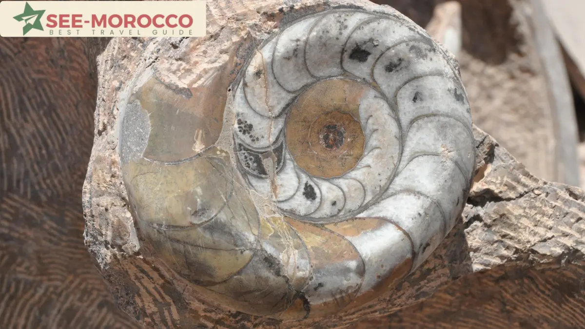 Close-up of a polished fossilized ammonite from a workshop near Erfoud Morocco