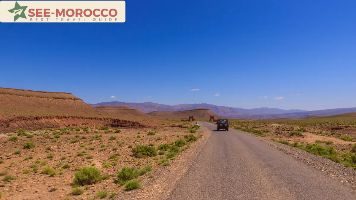 Desert road approaching Errachidia with mountains in the distance