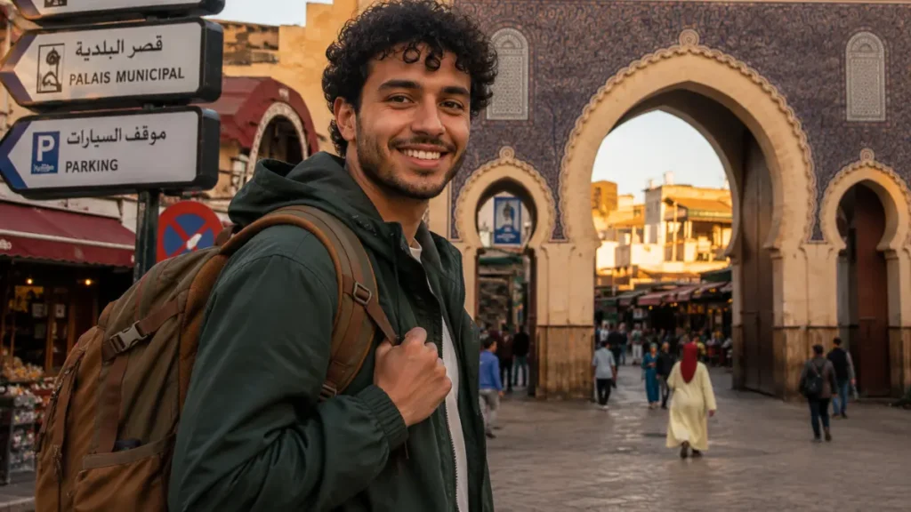 Abdelkabir El Bouazaoui exploring Bab Boujloud gate in Fez, Morocco